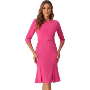 imageAllegra K Elegant Sheath Dress for Womens Casual Work Belt Sllit Hem Fishtail DressesHot Pink