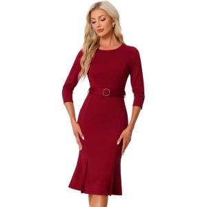 imageAllegra K Elegant Sheath Dress for Womens Casual Work Belt Sllit Hem Fishtail DressesRed
