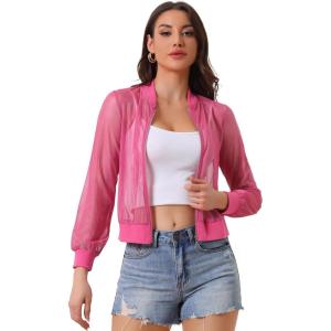 imageAllegra K Glitter Mesh Bomber Jacket for Womens Shiny Long Sleeve Party Club Zip Up Sheer JacketsHot Pink