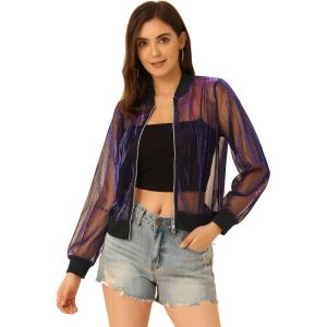 imageAllegra K Glitter Mesh Bomber Jacket for Womens Shiny Long Sleeve Party Club Zip Up Sheer JacketsPurple