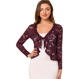 imageAllegra K Lace Bolero for Womens Tie Front Cardigan Ruffled Hem Formal Office Sheer Crop ShrugBurgundy