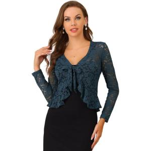 imageAllegra K Lace Bolero for Womens Tie Front Cardigan Ruffled Hem Formal Office Sheer Crop ShrugDark Blue Grey
