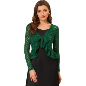 imageAllegra K Lace Bolero for Womens Tie Front Cardigan Ruffled Hem Formal Office Sheer Crop ShrugDark Green