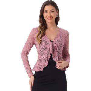 imageAllegra K Lace Bolero for Womens Tie Front Cardigan Ruffled Hem Formal Office Sheer Crop ShrugDark Pink