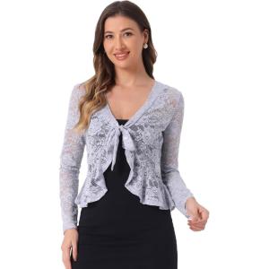 imageAllegra K Lace Bolero for Womens Tie Front Cardigan Ruffled Hem Formal Office Sheer Crop ShrugDusty Grey