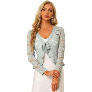 imageAllegra K Lace Bolero for Womens Tie Front Cardigan Ruffled Hem Formal Office Sheer Crop ShrugGrey