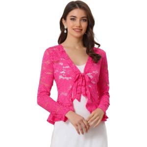 imageAllegra K Lace Bolero for Womens Tie Front Cardigan Ruffled Hem Formal Office Sheer Crop ShrugHot Pink