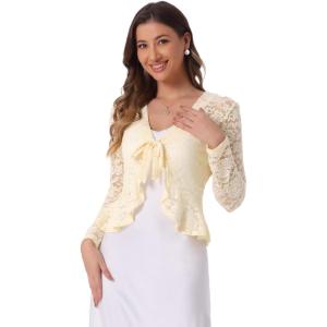 imageAllegra K Lace Bolero for Womens Tie Front Cardigan Ruffled Hem Formal Office Sheer Crop ShrugLight Beige