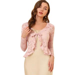imageAllegra K Lace Bolero for Womens Tie Front Cardigan Ruffled Hem Formal Office Sheer Crop ShrugPink