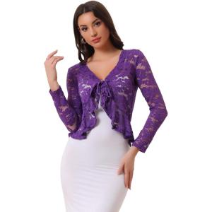 imageAllegra K Lace Bolero for Womens Tie Front Cardigan Ruffled Hem Formal Office Sheer Crop ShrugViolet Purple