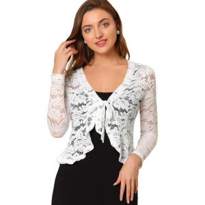 imageAllegra K Lace Bolero for Womens Tie Front Cardigan Ruffled Hem Formal Office Sheer Crop ShrugWhite