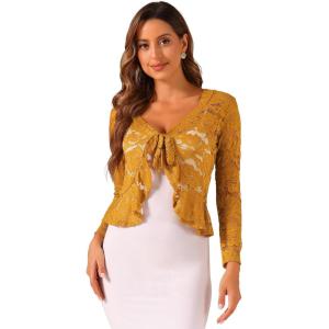 imageAllegra K Lace Bolero for Womens Tie Front Cardigan Ruffled Hem Formal Office Sheer Crop ShrugYellow