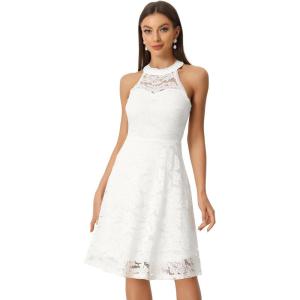 imageAllegra K Lace Cocktail Dress for Womens Elegant Halter Wedding Guest Bridesmaid Party DressWhite