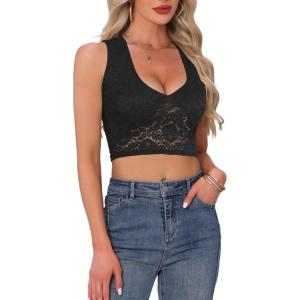 imageAllegra K Lace Tank Camisole Top for Womens V Neck Y2K Crop TopsBlack