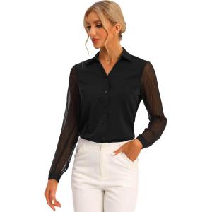 imageAllegra K Office Blouse for Womens Point Collar V Neck Button Down Mesh Sleeve Work ShirtBlack