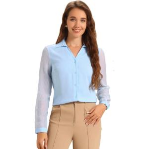 imageAllegra K Office Blouse for Womens Point Collar V Neck Button Down Mesh Sleeve Work ShirtLight Blue