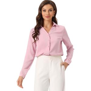 imageAllegra K Office Blouse for Womens Point Collar V Neck Button Down Mesh Sleeve Work ShirtPink
