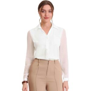 imageAllegra K Office Blouse for Womens Point Collar V Neck Button Down Mesh Sleeve Work ShirtWhite