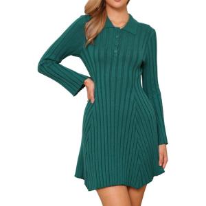 imageAllegra K Polo Sweater Dress for Womens Chunky Button Down Long Sleeve DressDark Green