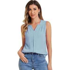 imageAllegra K Sleeveless Work Top for Womens Elegant Pleated V Neck Blouse Shirt Tank TopGray Blue