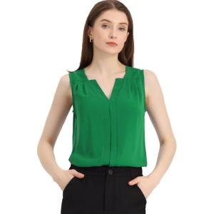 imageAllegra K Sleeveless Work Top for Womens Elegant Pleated V Neck Blouse Shirt Tank TopGreen