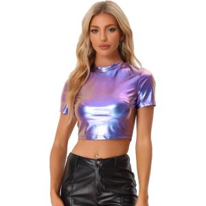 imageAllegra K Sparkle Tops for Womens Halloween Short Sleeve Mock Neck Party Metallic Crop TopBlue