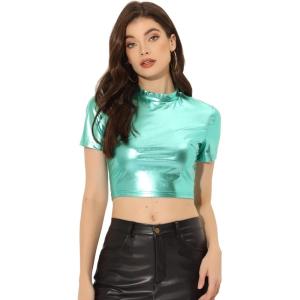 imageAllegra K Sparkle Tops for Womens Halloween Short Sleeve Mock Neck Party Metallic Crop TopMint Green