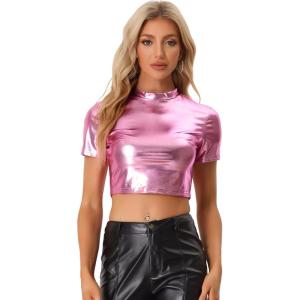 imageAllegra K Sparkle Tops for Womens Halloween Short Sleeve Mock Neck Party Metallic Crop TopPink
