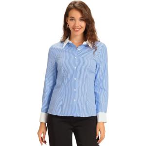 imageAllegra K Striped Shirt for Women Long Sleeve Collared Fitted Button Down Office Work Tops BlousesBlue