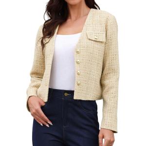 imageAllegra K Tweed Jacket Women Long Sleeve Button Down Collarless Business Casual Blazer Fall Trendy Cropped JacketsApricot