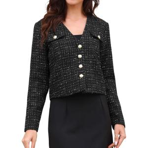 imageAllegra K Tweed Jacket Women Long Sleeve Button Down Collarless Business Casual Blazer Fall Trendy Cropped JacketsBlack