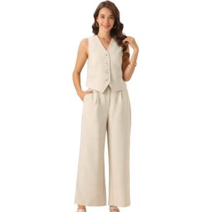 imageAllegra K Two Piece Outfits for Womens Button Front Sleeveless Vest Wide Leg Pants Matching SetsApricot