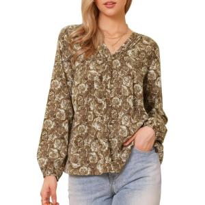 imageAllegra K V Neck Floral Long Sleeve Tops for Womens Casual Puff Sleeve Vintage Boho Tunic Blouse TShirtsLight Brown