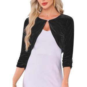 imageAllegra K Velvet Shrug for Women Crew Neck Ruched 34 Sleeves Cocktail Party Cropped CardiganBlack