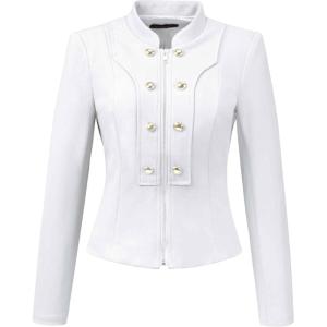 imageAllegra K Vintage Jacket for Womens Steampunk Button Decor Casual Zip Up Crop JacketWhite