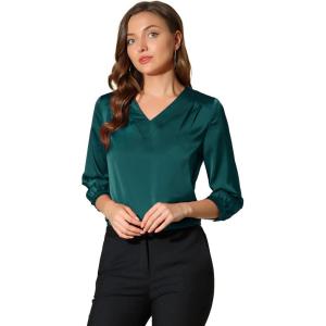 imageAllegra K Womens Blouse Fall 2025 Dressy Casual Office 34 Sleeve V Neck Satin ShirtBlue Green