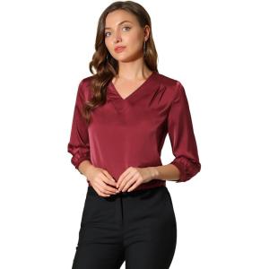 imageAllegra K Womens Blouse Fall 2025 Dressy Casual Office 34 Sleeve V Neck Satin ShirtBurgundy