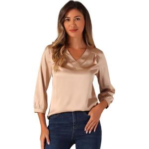 imageAllegra K Womens Blouse Fall 2025 Dressy Casual Office 34 Sleeve V Neck Satin ShirtChampagne