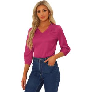 imageAllegra K Womens Blouse Fall 2025 Dressy Casual Office 34 Sleeve V Neck Satin ShirtFushcia