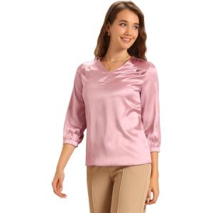 imageAllegra K Womens Blouse Fall 2025 Dressy Casual Office 34 Sleeve V Neck Satin ShirtPink