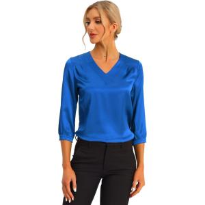 imageAllegra K Womens Blouse Fall 2025 Dressy Casual Office 34 Sleeve V Neck Satin ShirtRoyal Blue