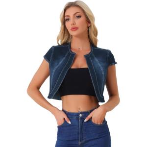 imageAllegra K Womens Denim Jacket Short Sleeve Jean Jacket Slim Fit Summer Outfits Casual Cropped JacketBlack Blue