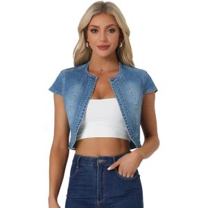 imageAllegra K Womens Denim Jacket Short Sleeve Jean Jacket Slim Fit Summer Outfits Casual Cropped JacketBlue