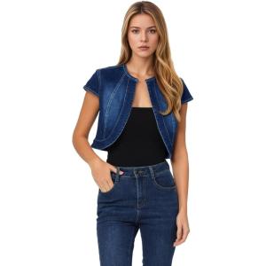 imageAllegra K Womens Denim Jacket Short Sleeve Jean Jacket Slim Fit Summer Outfits Casual Cropped JacketDrak Blue