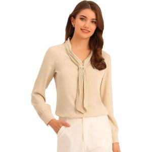 imageAllegra K Womens Dressy Long Sleeve Blouses Chiffon Pleated Tie Neck Office Top ShirtBeige
