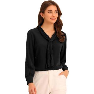 imageAllegra K Womens Dressy Long Sleeve Blouses Chiffon Pleated Tie Neck Office Top ShirtBlack