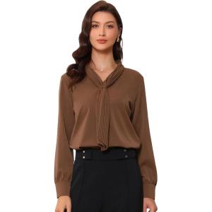 imageAllegra K Womens Dressy Long Sleeve Blouses Chiffon Pleated Tie Neck Office Top ShirtCoffee