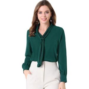 imageAllegra K Womens Dressy Long Sleeve Blouses Chiffon Pleated Tie Neck Office Top ShirtDark Green