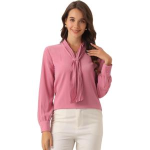 imageAllegra K Womens Dressy Long Sleeve Blouses Chiffon Pleated Tie Neck Office Top ShirtDusty Pink