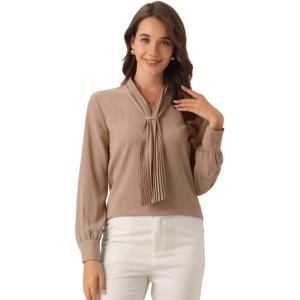 imageAllegra K Womens Dressy Long Sleeve Blouses Chiffon Pleated Tie Neck Office Top ShirtKhaki